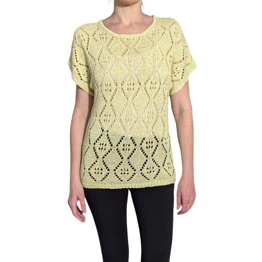Leo & Nicole Yellow Sweater Top Open Knit Short Sleeve Cotton Blend Size S‎